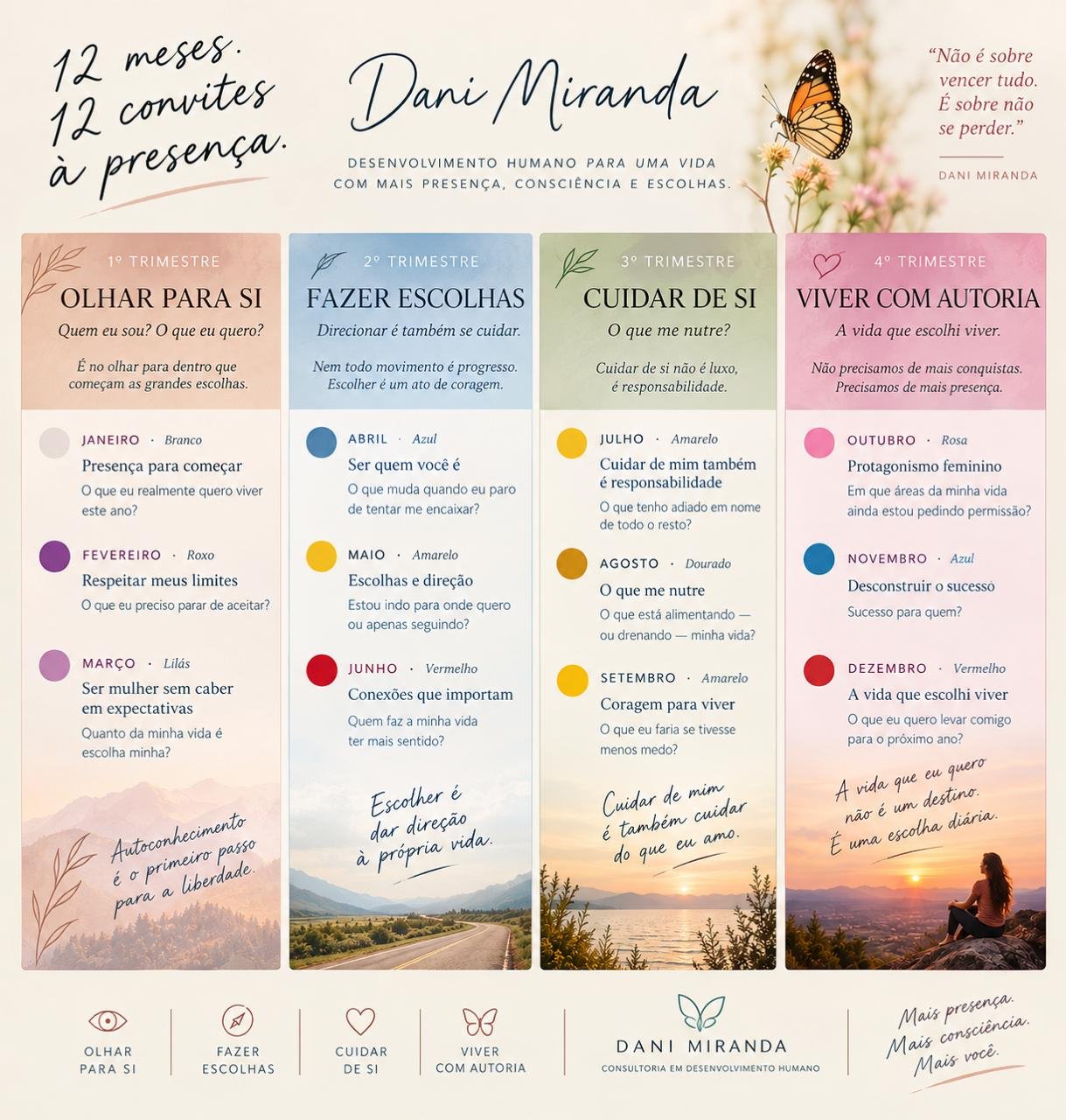 12 meses, 12 convites à presença: Olhar para si, Fazer escolhas, Cuidar de si e Viver com autoria, por Dani Miranda